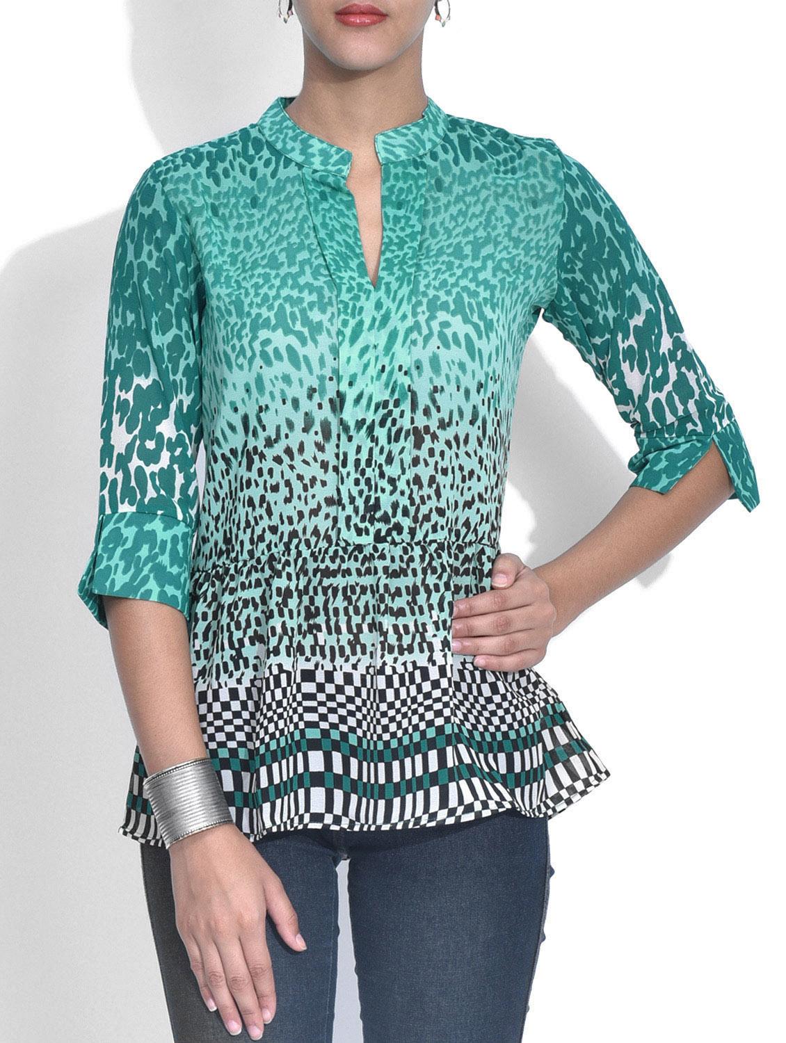 Green Printed Poly Georgette Gathered Top - By