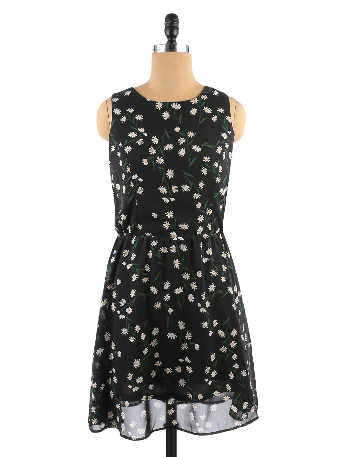 Black Floral Printed Sleeveless Polyester Dress - By
