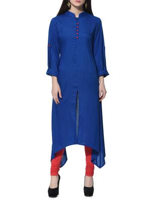 Royal blue Asymmetric solid Kurta - 12648597 - Standard Image - 2