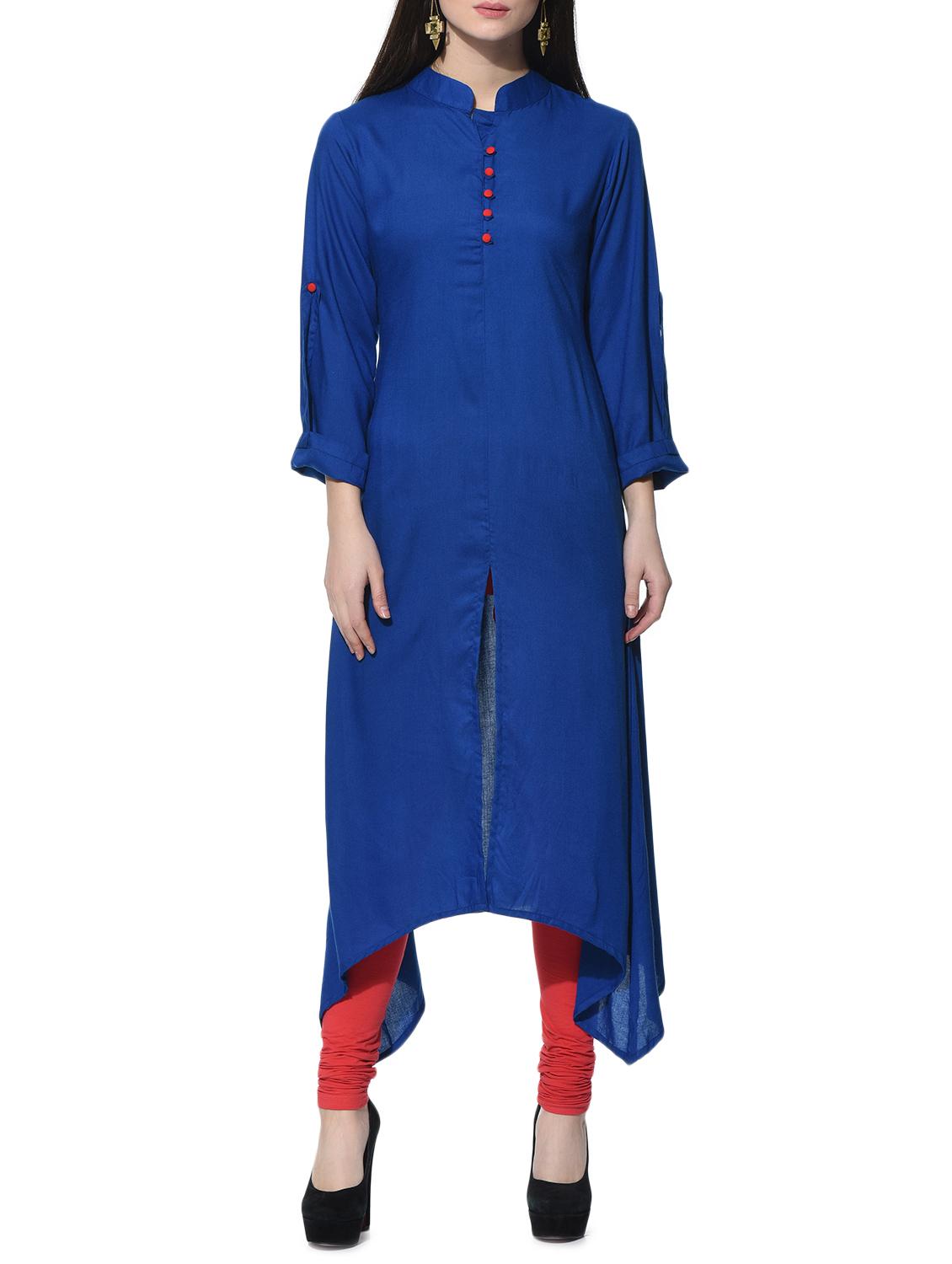 Royal blue Asymmetric solid Kurta - 12648597 - Zoom Image - 2