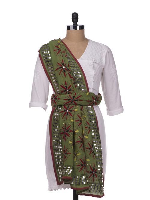 Green Hand Embroidered Dupatta - Vayana