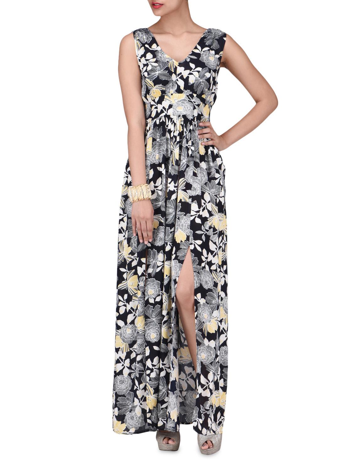 Black Rayon Floral Print Maxi Dress - By