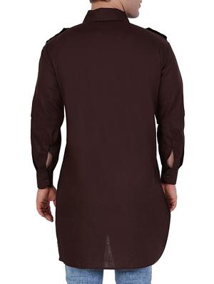 solid brown cotton pathani kurta - 12787171 - Standard Image - 2