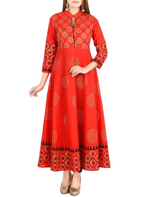 red cotton printed flared kurta - 12787533 - Standard Image - 1