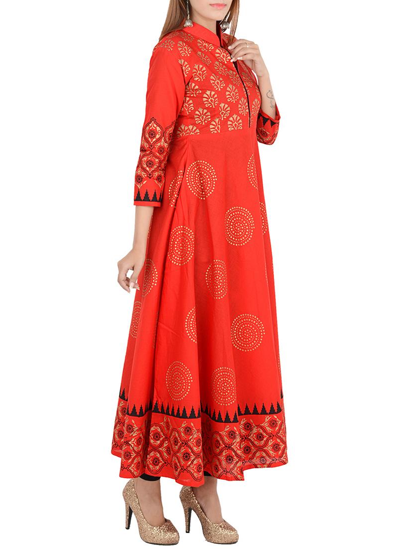 red cotton printed flared kurta - 12787533 - Zoom Image - 2