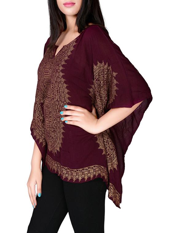 maroon printed crepe kaftan - 12801739 - Zoom Image - 2