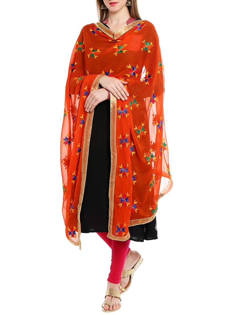 Orange Chiffon Phulkari Dupatta - By