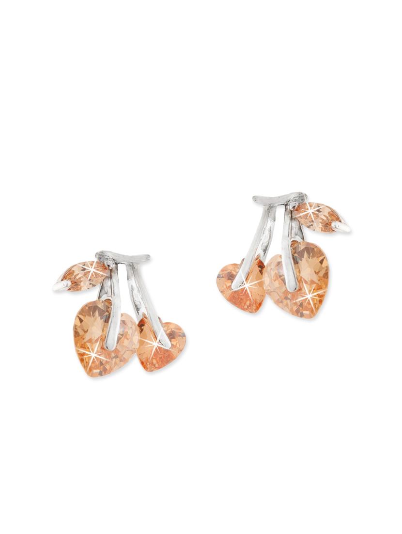 Rhodium Plated Leaf Shaped Light Champagne Cubic Zirconium Studs For Women - By
