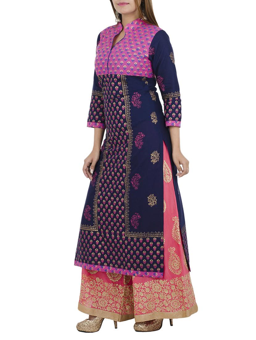 blue cotton straight kurta - 12838404 - Zoom Image - 2