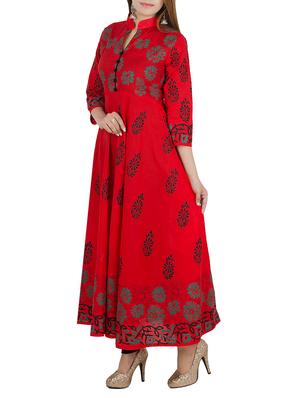 red cotton printed flared kurta - 12838407 - Standard Image - 2