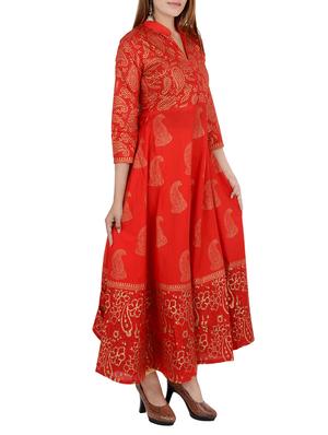 Red cotton flared kurta - 12838428 - Standard Image - 2