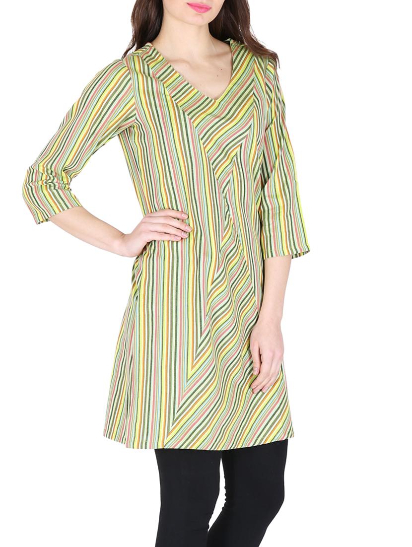 yellow striped cotton kurti - 12841866 - Zoom Image - 2