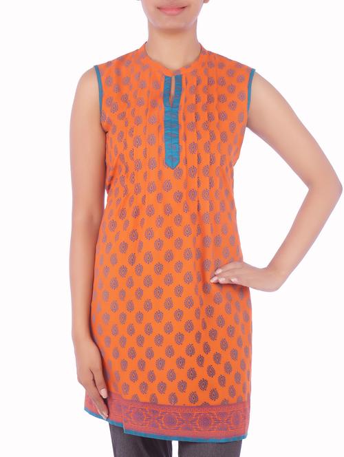 orange Cotton Straight Kurti - 1287102 - Very Small Image - 1