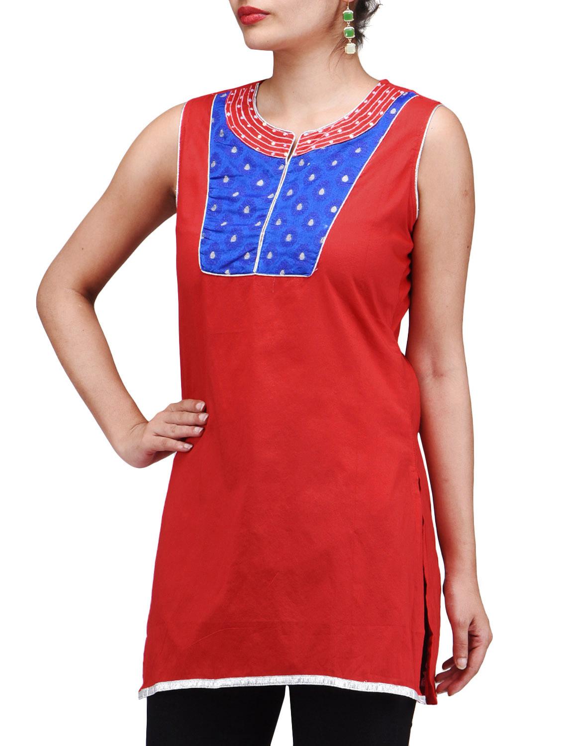 red Chanderi cotton Straight Kurti - 1289691 - Zoom Image - 2