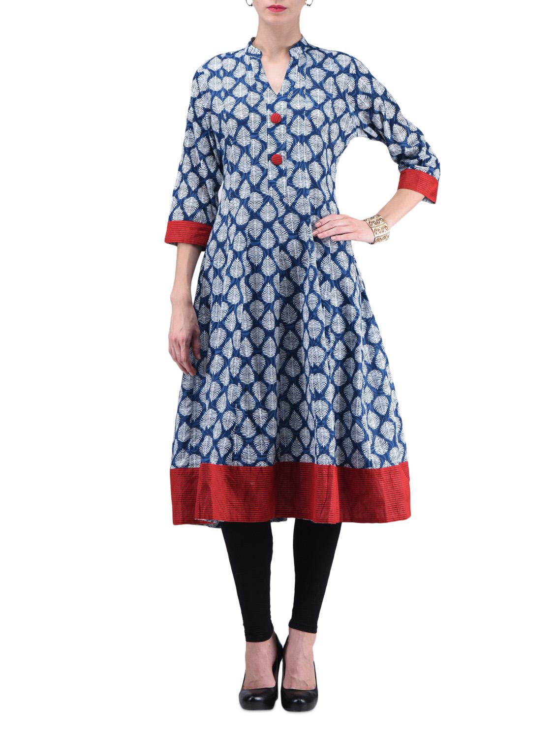 Navy And White Leaf Printed Cotton Anarkali Kurti - By