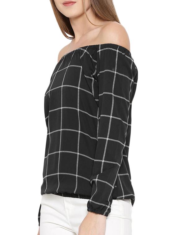 off shoulder checkered blouson top - 12903797 - Zoom Image - 2