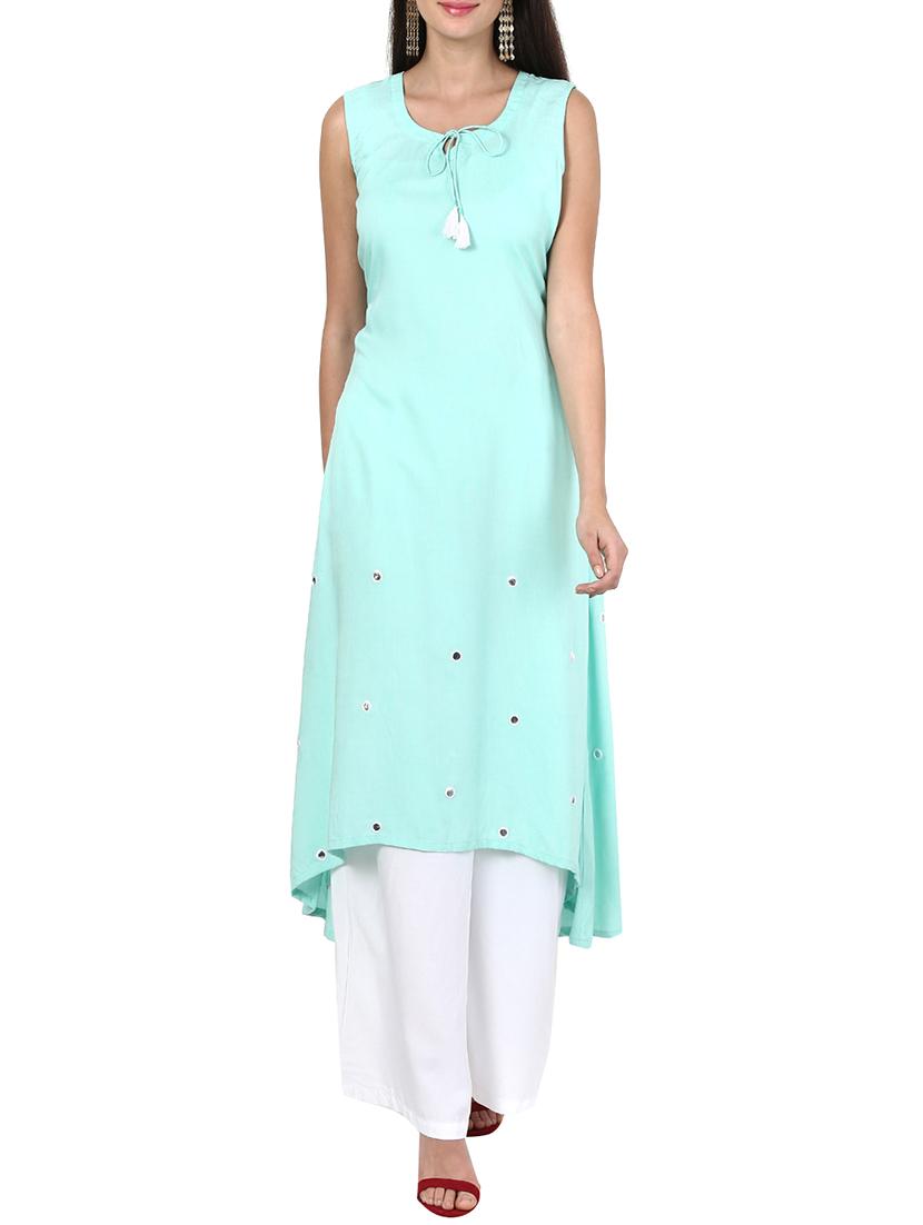 Green Rayon Highlow Kurta - By