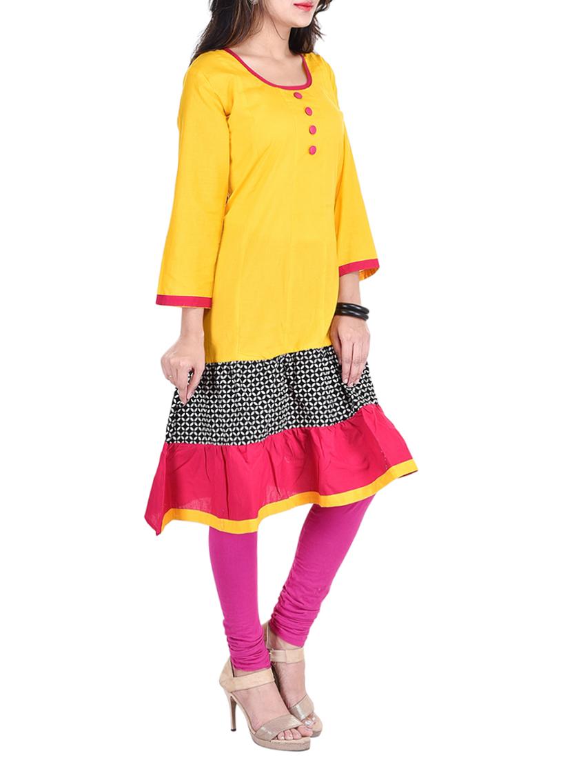 yellow cotton tiered kurta - 12948512 - Zoom Image - 2