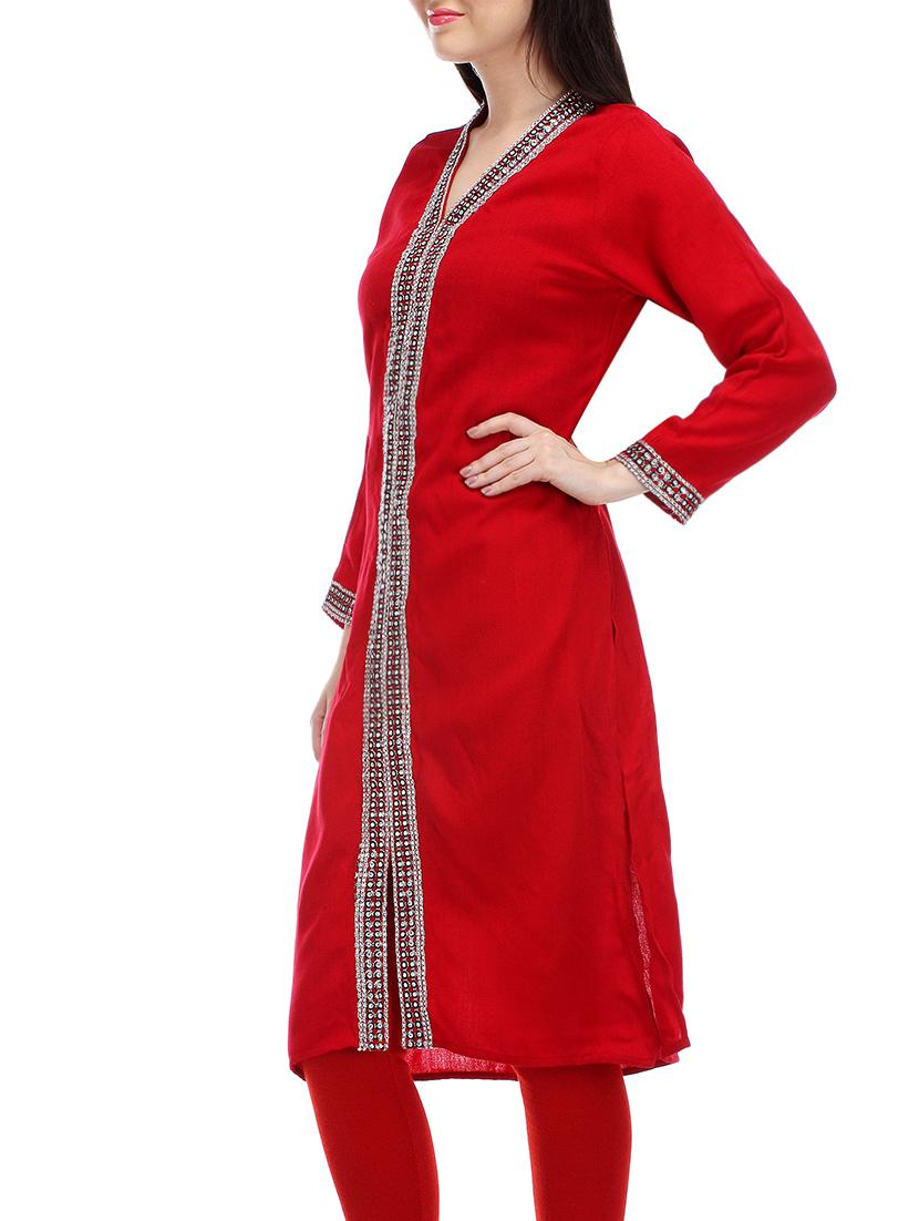 red poly cotton straight kurta - 12953571 - Zoom Image - 2