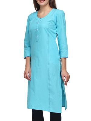 blue cotton round neck kurta - 1296407 - Standard Image - 2