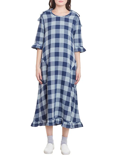 Reversible blue chequered cotton dress - 12969819 - Very Small Image - 1