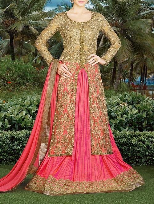 beige net embroidered flared dress material - 12991245 - Standard Image - 1