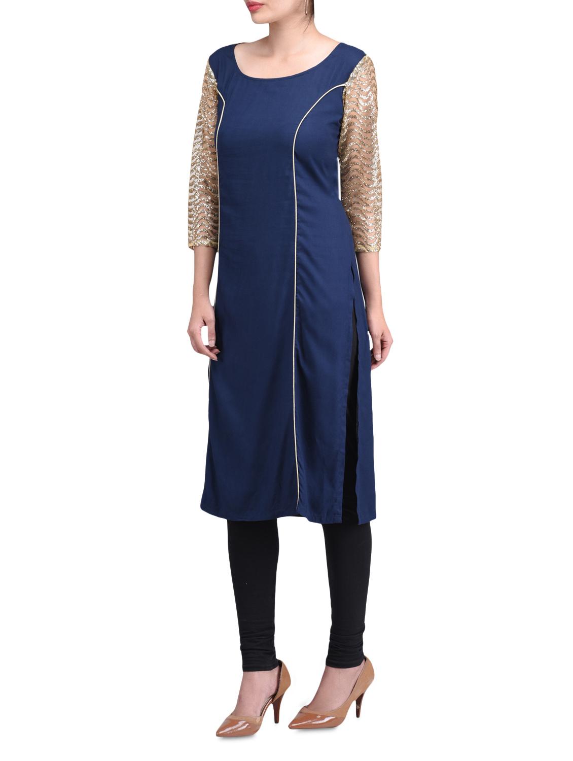 blue cotton straight kurta - 1300940 - Zoom Image - 2