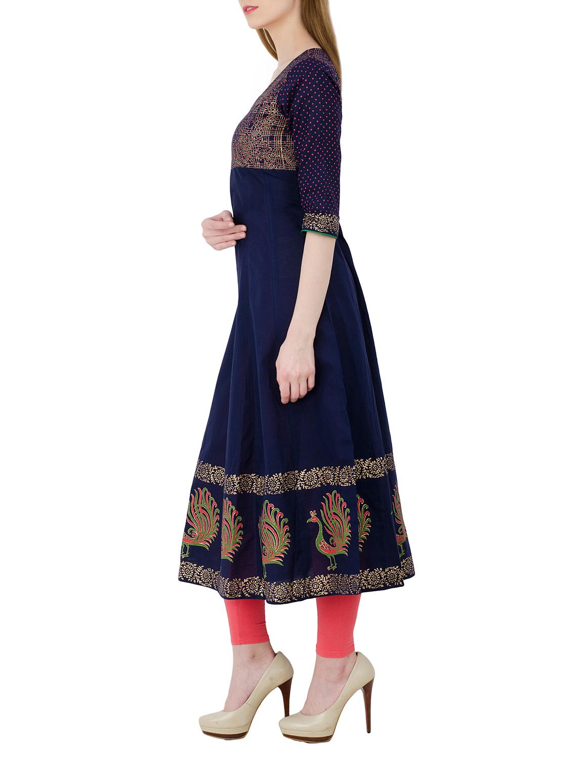 blue cotton anarkali kurta - 13017921 - Zoom Image - 2