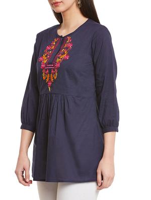 navy blue embroidered cotton tunic - 13023300 - Standard Image - 2