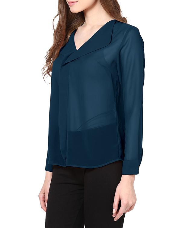 lapel neck sheer top - 1306184 - Zoom Image - 2