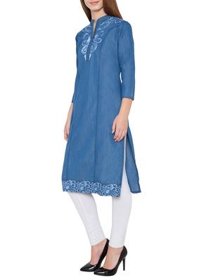 denim embroidered straight kurta - 13073824 - Standard Image - 2