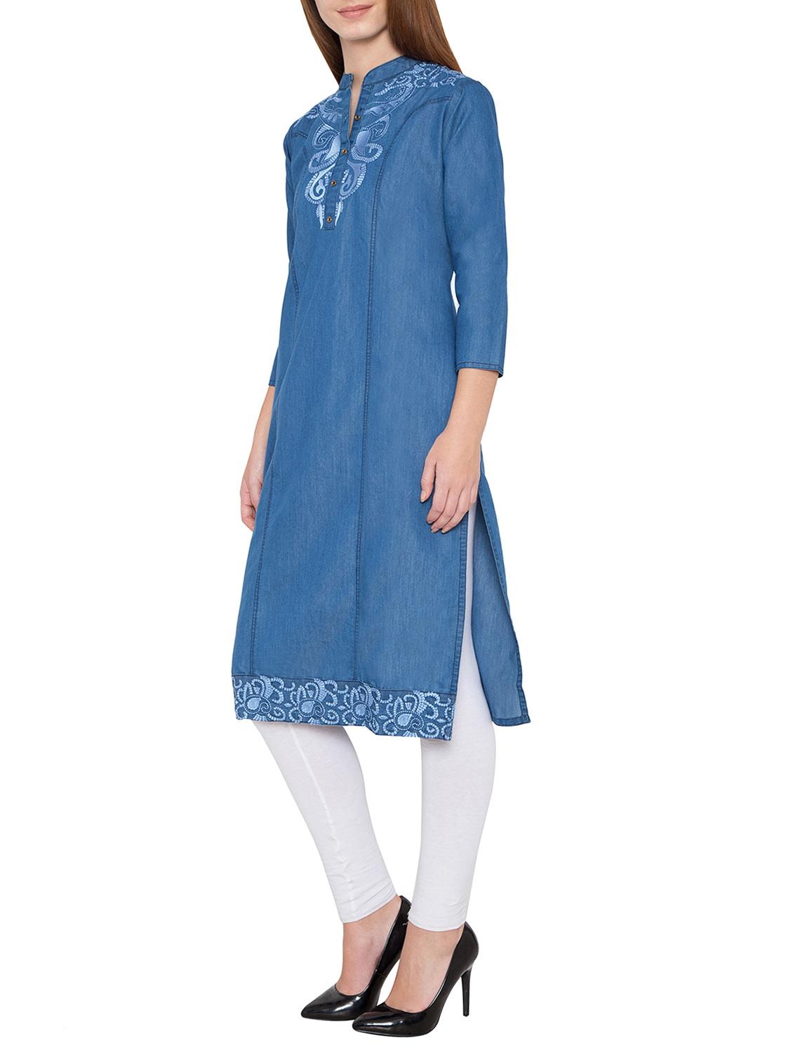 denim embroidered straight kurta - 13073824 - Zoom Image - 2