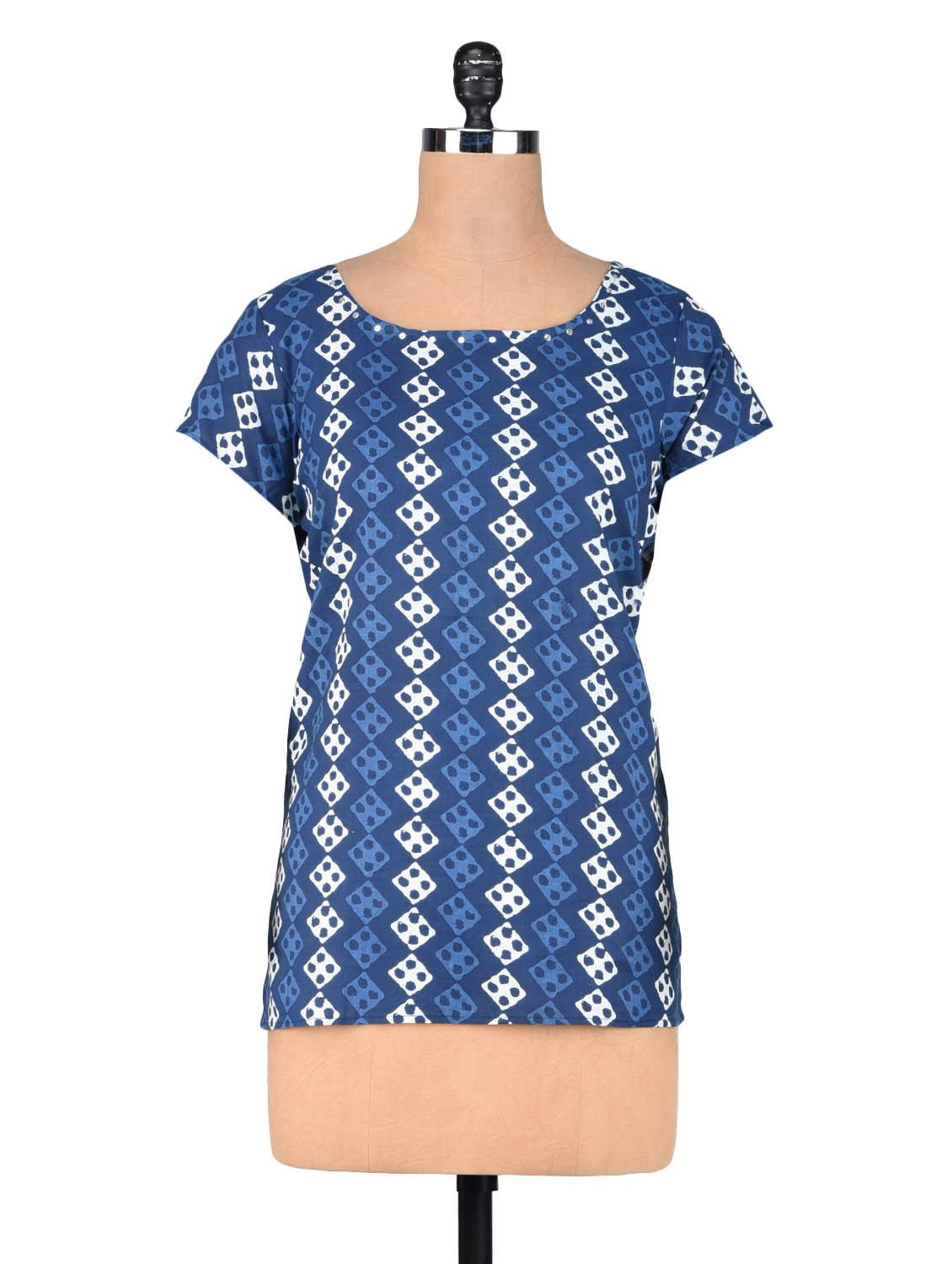 Blue Geometric Printed Cotton Short Kurti - By