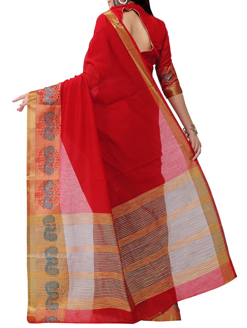 red cotton woven saree with blouse - 13086476 - Zoom Image - 2