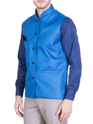 solid blue cotton nehru jacket - 13087054 - Standard Image - 2