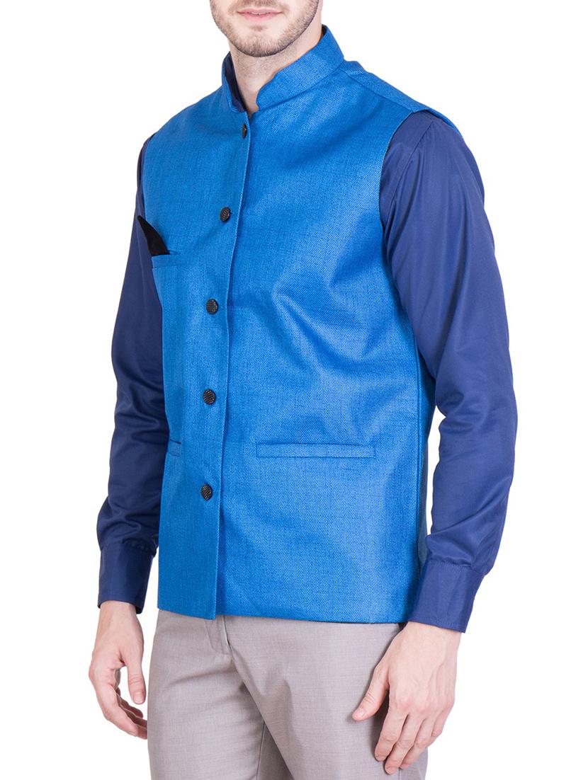 solid blue cotton nehru jacket - 13087054 - Zoom Image - 2