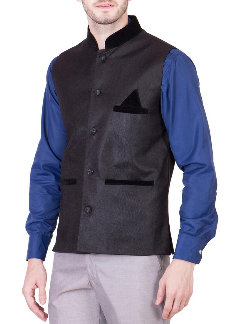 solid charcoal grey cotton nehru jacket - 13087057 - Zoom Image - 2