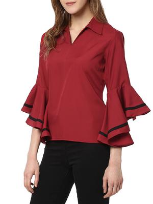 ruffle sleeved contrast binding top - 13087175 - Standard Image - 2
