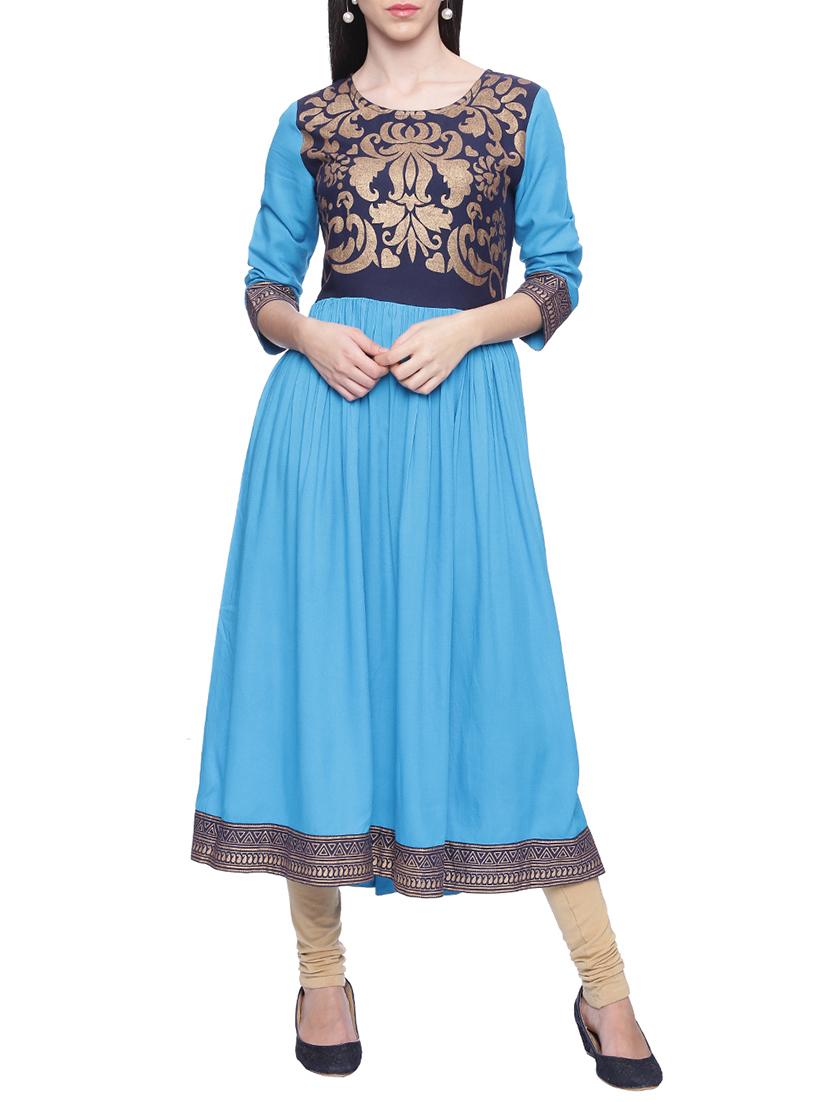 Turquoise Rayon Anarkali Kurta - By