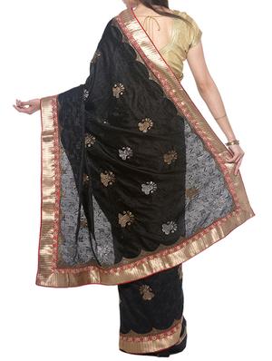 black dupion embroidered saree with blouse - 13092010 - Standard Image - 2