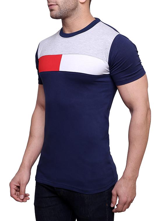 navy blue cotton colour block t-shirt - 13103399 - Zoom Image - 2