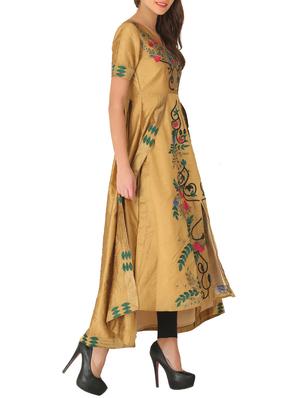 golden yellow embroidered dupion high-low kurta - 13109440 - Standard Image - 2