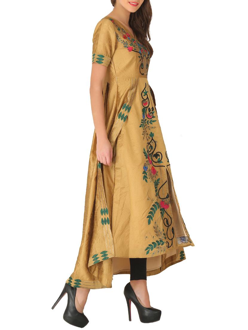 golden yellow embroidered dupion high-low kurta - 13109440 - Zoom Image - 2