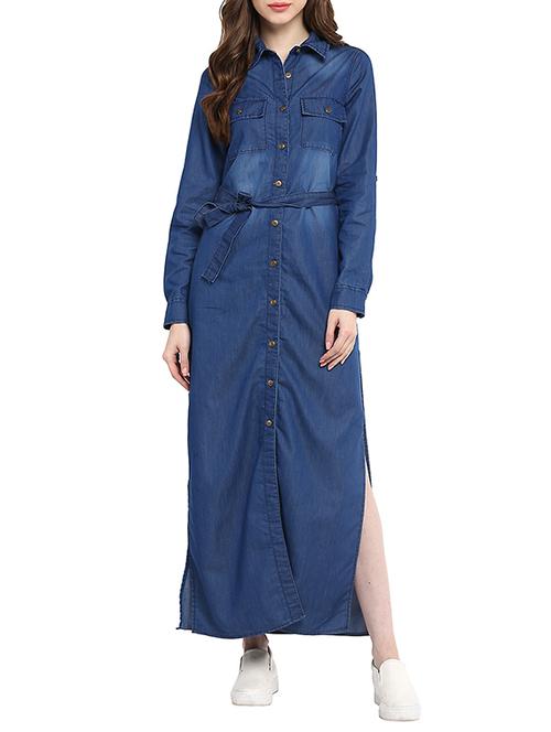 dark blue denim long shirt dress - 13112217 - Standard Image - 1