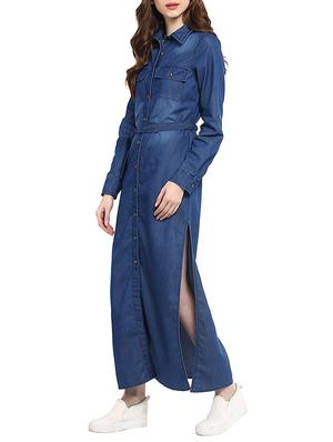 dark blue denim long shirt dress - 13112217 - Standard Image - 2