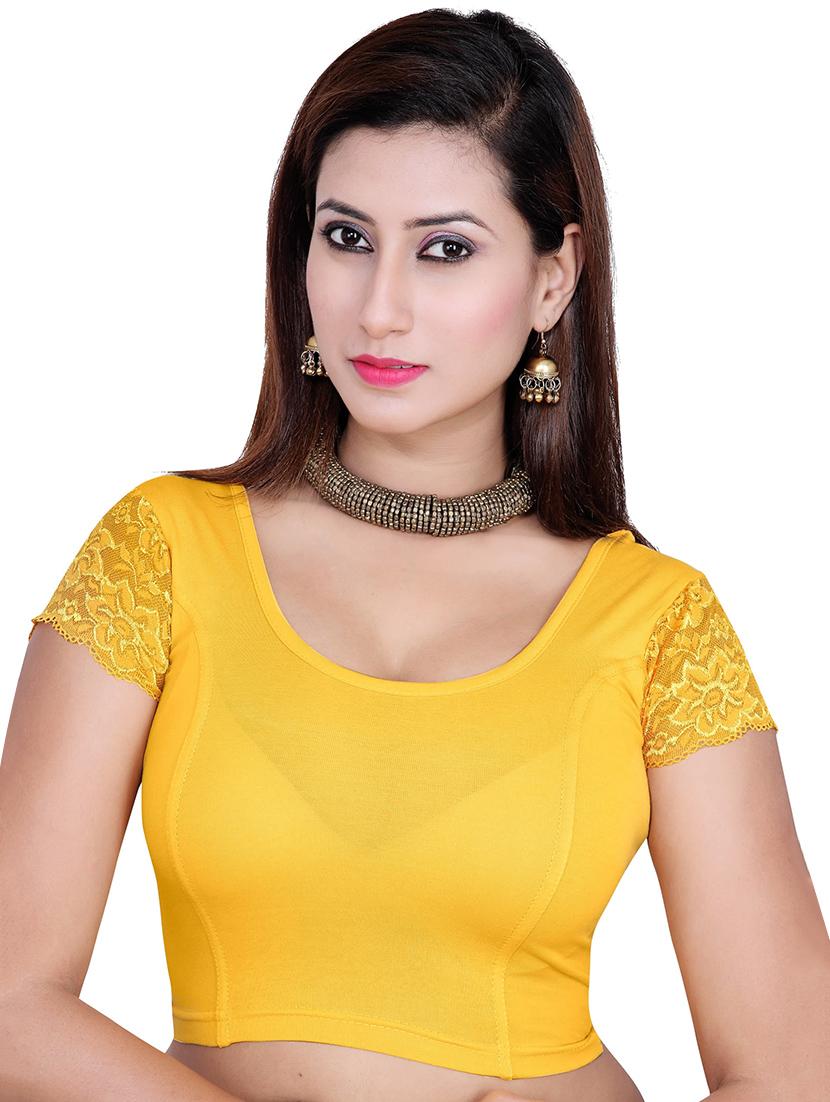 yellow plain lace semi-stitched blouse - 13116111 - Zoom Image - 2