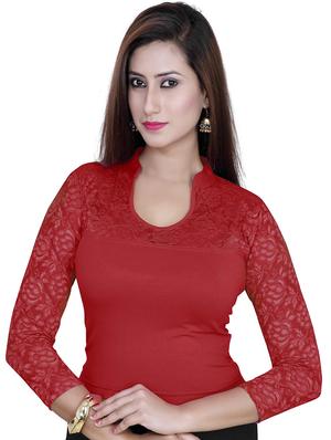red plain lace stitched blouse - 13116285 - Standard Image - 2