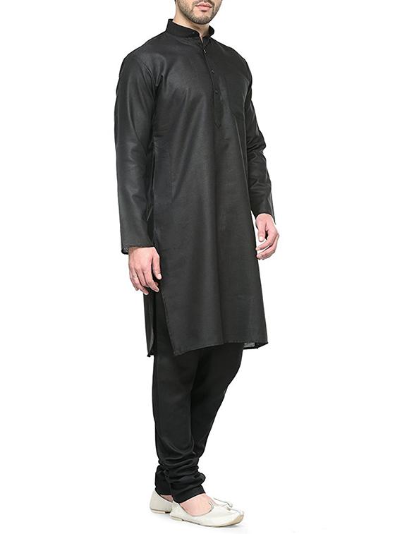 solid black cotton kurta pyjama set - 13160458 - Zoom Image - 2