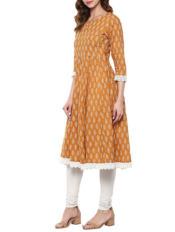 orange cotton block printed a-line kurta - 13160546 - Zoom Image - 2