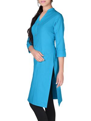 blue cotton straight solid kurta - 13160571 - Standard Image - 2